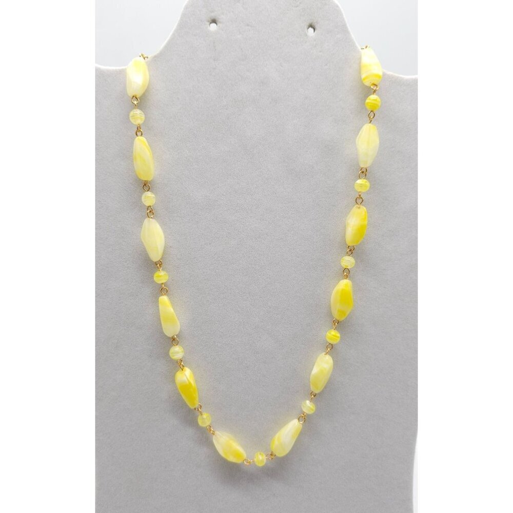 Yellow Swirl Art Glass Bead Necklace With Gold Tone Chain 19" Length Vintage